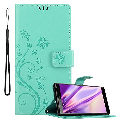 Cadorabo Hülle kompatibel mit Sony Xperia XZ2 Blumen Design aus Kunst Leder Flip Klappbare Stoßfeste Magnetische [Standfunktion] [Kartenfächern] Cover Hülle für Sony Xperia XZ2 Tasche in Türkis von Cadorabo
