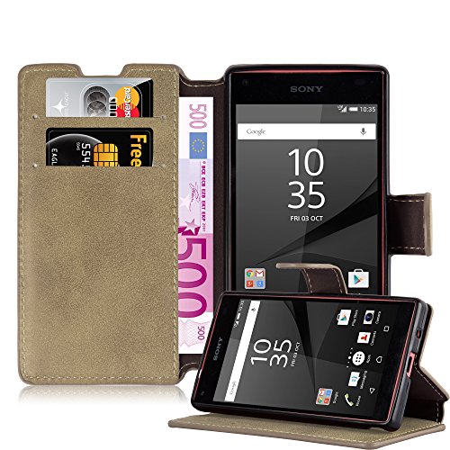Cadorabo Hülle kompatibel mit Sony Xperia Z5 COMPACT Handyhülle aus Kunst Leder Flip Klappbare Magnetische [Standfunktion] [Kartenfächern] Case Hülle für Sony Xperia Z5 COMPACT Tasche in Braun von Cadorabo