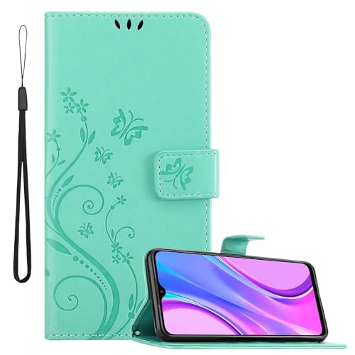 Cadorabo Hülle kompatibel mit Xiaomi RedMi 9 Blumen Design aus Premium Kunst Leder Flip Klappbare Stoßfeste Magnetische [Standfunktion] [Kartenfächern] Cover Case für Xiaomi RedMi 9 Tasche in Türkis von Cadorabo