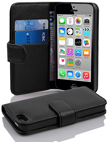 Cadorabo Hülle kompatibel mit für iPhone 5C Handyhülle aus Premium Kunst Leder Flip Klappbare Stoßfeste Magnetische [Standfunktion] [Kartenfächern] Cover Hülle für iPhone 5C Tasche in Schwarz von Cadorabo