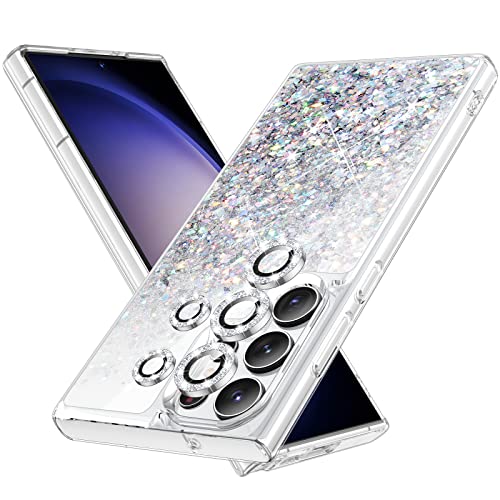 Caka [1+5] für Galaxy S23 Ultra Hülle, S23 Ultra Hülle Glitzer mit Kameraobjektivschutz für Frauen Mädchen Girly Sparkle Bling Liquid Phone Case für Samsung Galaxy S23 Ultra 5G - Klar Silber von Caka