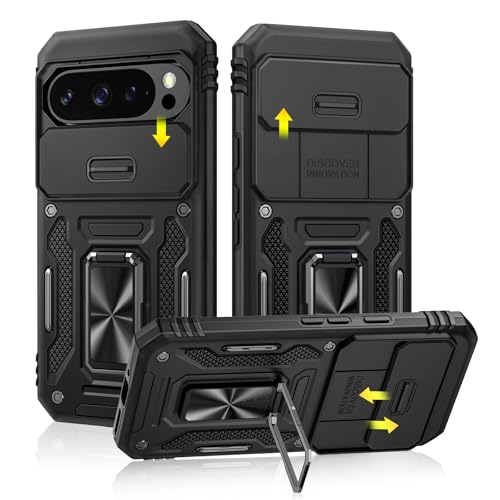 Caka Schutzhülle für Google Pixel 9 & 9 Pro, vollständiger Kameraschutz, 360° drehbarer Ständerring, robust, Schwarz von Caka