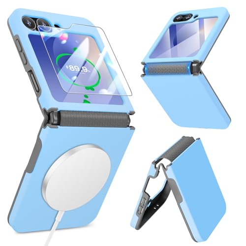 Caka Schutzhülle für Samsung Galaxy Z Flip 6 2024 [kompatibel mit MagSafe] [Scharnierschutz] [Displayschutzfolie] Stoßfeste, magnetische Handyhülle - Blau von Caka