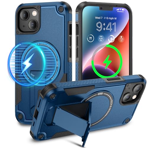 Caka Schutzhülle für iPhone 13, iPhone 14, kompatibel mit MagSafe, eingebauter unsichtbarer Ständer, stoßfest, Schutzhülle für iPhone 14 & iPhone 13, 15,5 cm (6,1 Zoll), Marineblau von Caka