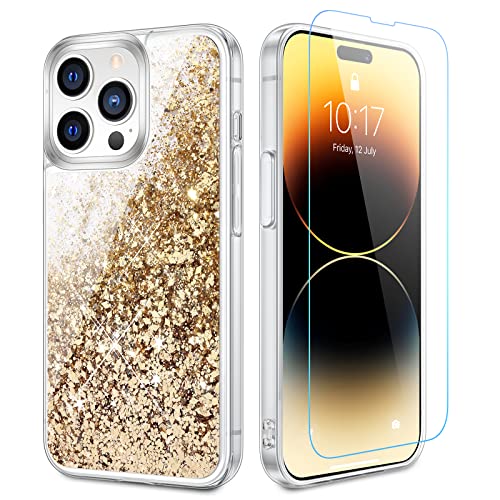 Caka Glitzer-Schutzhülle für iPhone 14 Pro Max 2022, glitzernde Flüssigkeit, luxuriös, fließender Treibsand, transparent – Gold von Caka
