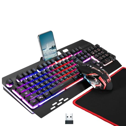 Kabellose RGB-Gaming-Tastatur, kabellose LED-Maus und Mauspad-Set, wiederaufladbare Hintergrundbeleuchtung aus Aluminiumlegierung, Buchstabenglühen, mechanisches Gefühl von Cakce