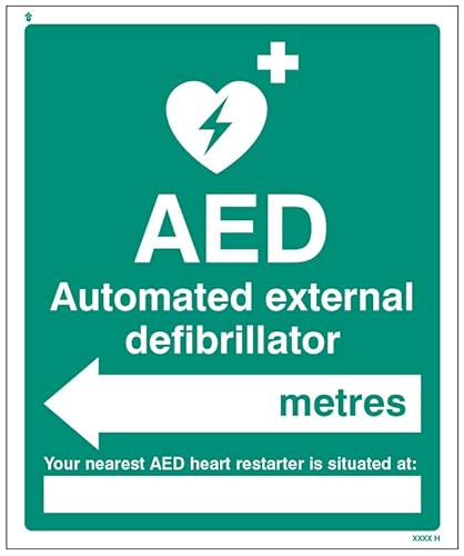 AED befindet sich in XXX-Metern – Pfeil links (selbstklebendes Vinyl-Sicherheitsetikett) von Caledonia Signs