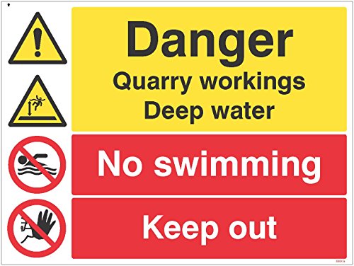 Caledonia Schilder 14314q Zeichen, Gefahr Quarry Funktionsweise, deep water, kein Schwimmen von Caledonia Signs