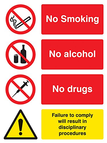 Caledonia Schilder 23668K Kein Alkohol, Drogen Schild mit Aufschrift "failure to Comply Will Result In Disciplinary Procedures", selbstklebend, Vinyl, 400 mm x 300 mm Caledonia Schilder 23668K Kein Alkohol, Drogen Schild mit Aufschrift "failure to Comply Will Result In Disciplinary Procedures", selbstklebend, Vinyl, 400 mm x 300 mm von Caledonia Signs