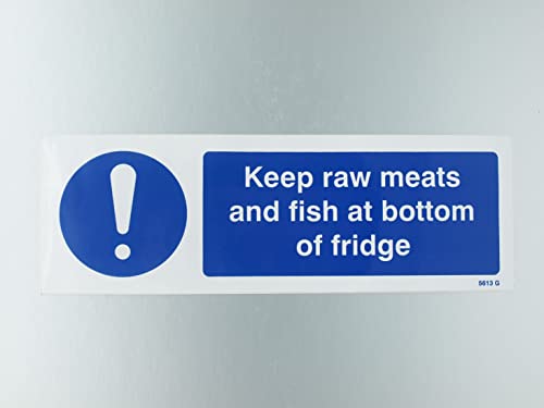 Caledonia Schilder 25613G Keep Raw Meats and Fish at Bottom of Fridge Schild, selbstklebendes Vinyl, 300 mm x 100 mm von Caledonia Signs