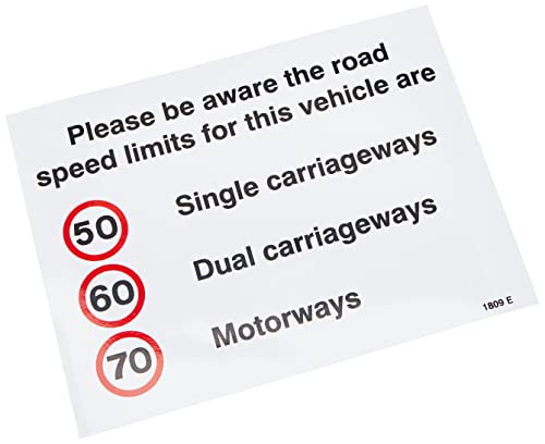 Caledonia Signs 21809E englisches Schild mit Aufschrift „Please Be Aware The Road Speed Limits for This Vehicle are 50, 60, 70 mph", selbstklebendes Vinyl, 200 x 150 mm von Caledonia Signs