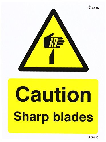 Caledonia Signs 24284E Schild mit Aufschrift "Caution Sharp Blades", selbstklebendes Vinyl, 200 mm x 150 mm von Caledonia Signs