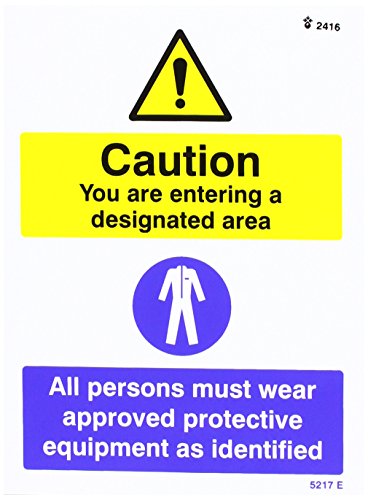 Caledonia Signs 25217E Schild mit Aufschrift"Area All Persons Must Wear Approved PPE-Schild, selbstklebendes Vinyl, 200 mm x 150 mm von Caledonia Signs