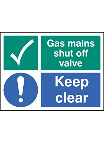 Caledonia Signs 26035K englisches Schild „Gas Mains Shut Off Valve Keep Clear“, selbstklebendes Vinyl, 400 x 300 mm von Caledonia Signs