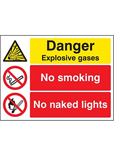 Caledonia Signs 26206K Schild"Danger ExPlosive Gases No Smoking No Naked Lights", selbstklebend, Vinyl, 400 mm x 300 mm von Caledonia Signs