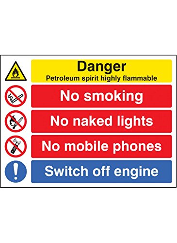 Caledonia Signs 26228Q Schild"Petroleum Spirit Highly Flammable/No Smoking ETC", selbstklebendes Vinyl, 600 mm x 450 mm von Caledonia Signs