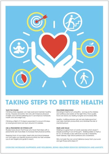 Poster "Health & Wellbeing - Taking steps to better health", 420 x 594 mm, synthetisches Papier von Caledonia Signs