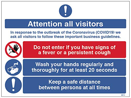 Selbstklebender Vinyl-Aufkleber mit Aufschrift „Attention all visitors In Response to the latest outbreak of the Coronavirus“, 300 x 400 mm von Caledonia Signs