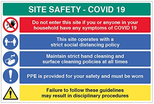 Site Safety COVID19 – Diese Website unterliegt strengen sozialen Distanzrichtlinien, Handreinigung, Schutzbekleidung tragen – 4 mm geriffelt, 900 x 600 mm. von Caledonia Signs