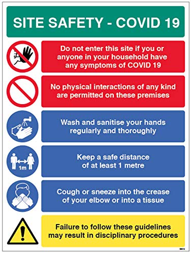 Site Safety COVID19 – No Physical Interactions, Wash Hands, 1 Meter Police Use Tissues, halbstarres PVC-Schild (450 x 600 mm) von Caledonia Signs