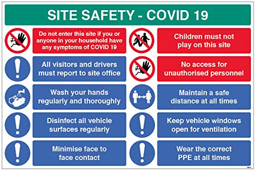 Site Safety COVID19 – Report to Office, Hände waschen, Oberflächen desinfizieren, Kontakt von Gesicht zu Gesicht usw. – 4 mm geriffelt, 900 x 600 mm von Caledonia Signs