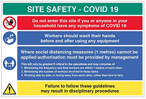 Site Safety COVID19 – Wash Hands, guidance where 1 Meter Directive cannot be Achieed, großes halbstarres PVC-Schild (900 x 600 mm) von Caledonia Signs