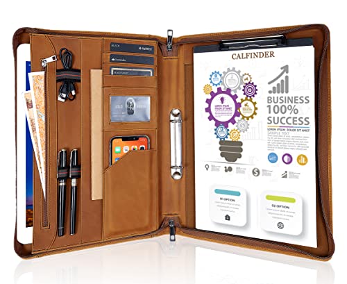 Calfinder Konferenzmappe Leder, Dokumentenmappe Schreibmappe a4 mit Ringbuch, 2 Ring Binder Ledermappe mit a4 Klemmbrett/Reissverschluss, Business Organizer Mappe, Geschenk für Herren/Damen, Braun von Calfinder