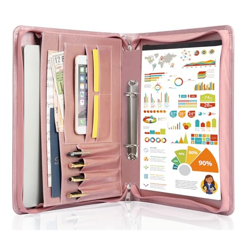 Calfinder Ringbuchmappe a4, 2 Ringbinder Aktenmappe a4 mit Reißverschluss, PU Leder Konferenzmappe Planer mit A4 Klemmbrett/Block, Dokumentenmappe Organizer, Geschenk für Damen/Frau, Rosegold von Calfinder