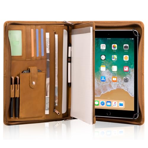 Calfinder Schreibmappe A4, Business Organizer Ledermappe, Konferenzmappe Leder mit a4 Klemmbrett/Reißverschluss, Dokumentenmappe, Aktenmappe, Tablet Mappe für iPad Pro 12.9, Braun von Calfinder