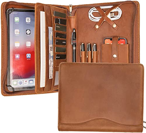 Schreibmappe A5 Konferenzmappe A5 Leder Braun Mit Reissverschluss, Tablet Organizer For Ipad Pro 9.7/10.2/10.5/11 Zoll von Calfinder