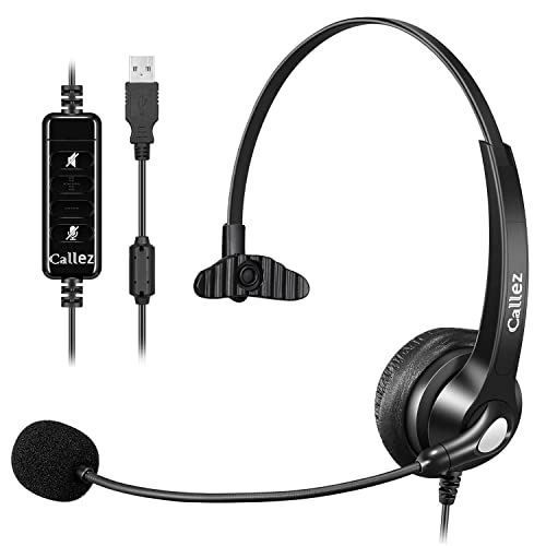 USB Headset mit Mikrofon, Mono PC Headset mit Mikrofonarm und Inline-Steuerung, Noise Cancelling PC Kopfhörer für Laptop Home Office Teams Meetings Skype Zoom Windows, Super Klarer Chat von Callez