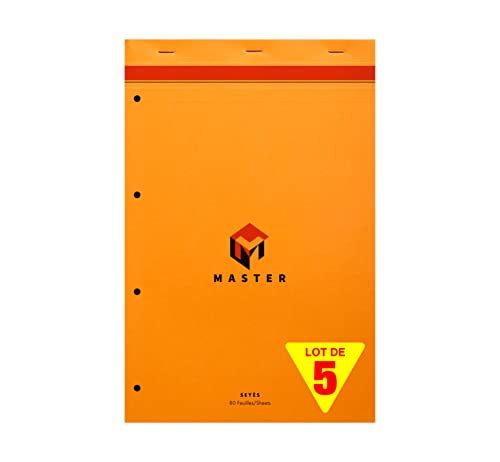 Clairefontaine 10754C - Packung mit 5 Schreibblöcken Calligraphe Master kopfseitig geheftet, 4-fach gelocht, DIN A4+ 21x31,8 cm, 40 Blatt, französische Lineatur, 80g, Orange, 1 Pack von Calligraphe