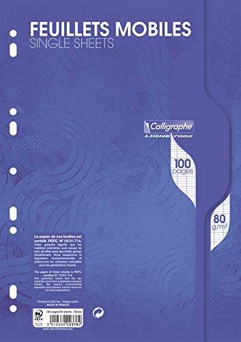 Clairefontaine 2376C - Packung Ringbucheinlagen Calligraphe, DIN A4 21x29,7 cm, 50 Blatt, gelocht, 80g, französische Lineatur, Weiß, 1 Pack von Calligraphe