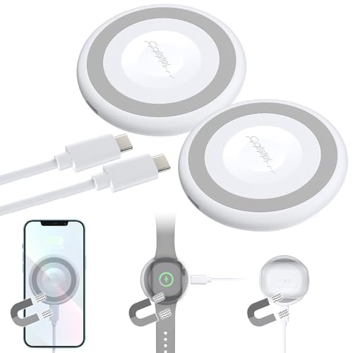 Callstel Ladekabel Apple Watch SE: 2er-Set kabellose 3in1-Ladepads, Qi- & MagSafe-kompatibel, 15 W, weiß (iPhone MagSafe Ladestation, Qi-Wireless-Charger USB-C, Handyhalterung) von Callstel