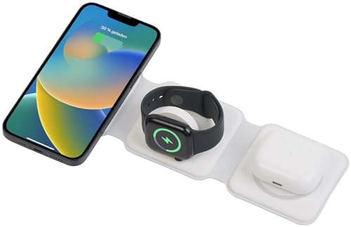 Callstel Qi-Ladestation-iPhone: 3in1-Ladestation für iPhone, AirPods, Apple Watch, MagSafe-kompatibel (iPhone Ladestation Wireless, Ladestation Airpods Pro, Handy) von Callstel