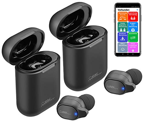 Callstel Sofortübersetzer: 2er-Set 2in1-Live-Übersetzer, In-Ear-Mono-Headset, Powerbank-Box & App (Mobiler Echtzeit Sprachübersetzer, Kopfhörer Mono, Freisprecheinrichtung) von Callstel