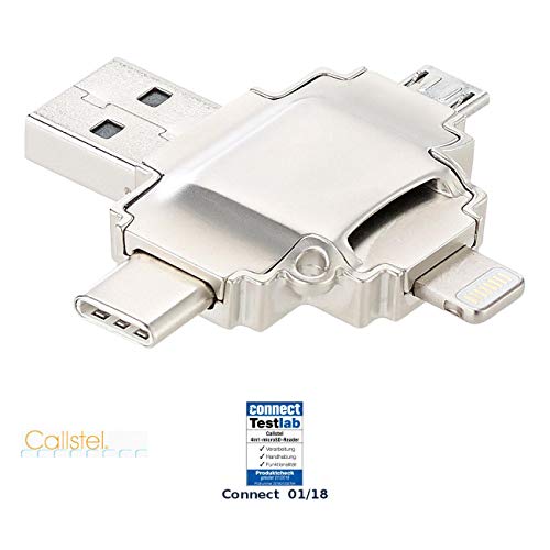 Callstel Speicherkartenleser: microSD-Kartenleser kompatibel zu Lightning-, Micro-USB- & USB-Stecker Typ A & C (Speichererweiterung, USB Stick für Handy, microSDHC Speicherkarten) von Callstel