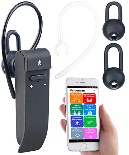 Callstel Sprachübersetzer: 2in1-Live-Übersetzer und In-Ear-Mono-Headset, kabellos, Bluetooth, App (Telefon Übersetzer, Live Sprachübersetzer, Freisprecheinrichtung) von Callstel