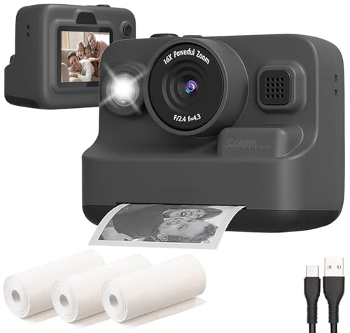 Callstel Thermodruck Kamera: Full-HD-Sofortbildkamera mit Thermodrucker, Display, Akku, 16x-Zoom (Kamera mit Drucker, Kids Camera, Druckerpapier) von Callstel