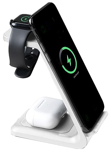 Callstel Wireless-Ladestation: 3in1-Ladestation 20 Watt für iPhone, Apple Watch & AirPods, weiß (Ladegerät für Apple-Geräte, Tisch-Lade-Station für Apple, iWatch) von Callstel