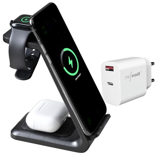 Callstel Tisch-Ladestationen: 3in1-Ladestation 20 W für iPhone, Apple Watch & AirPods, mit Netzteil (Schnellladestationen für Apple, 3in1 Ladeständer für Apple, Magnet Ladekabel) von Callstel