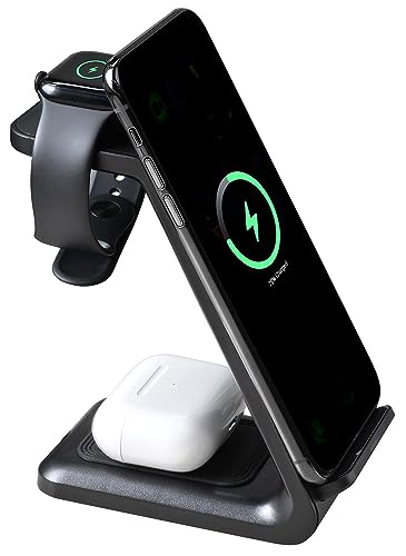 Callstel Wireless-Ladestation: 3in1-Ladestation 20 Watt für iPhone, Apple Watch und AirPods, schwarz (Ladegerät für Apple-Geräte, Tisch-Lade-Station für Apple, Kabel) von Callstel