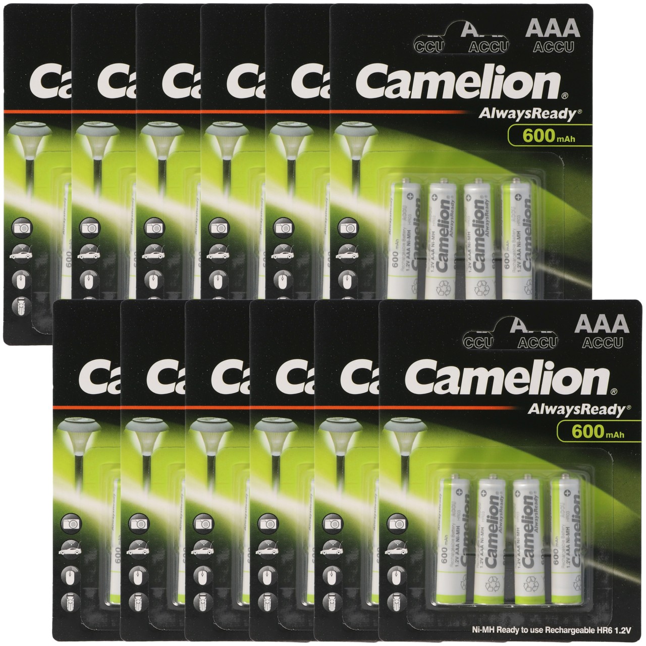 12 Stück Vorteilspack AAA, Micro LR3, HR03, NiMH Akku mit 600mAh in 4er Blisterverpackung, Always Ready mit geringer Selbstentladung, Ready to Use Akku 12 Stück Vorteilspack AAA, Micro LR3, HR03, NiMH Akku mit 600mAh in 4er Blisterverpackung, Always Ready mit geringer Selbstentladung, Ready to Use Akku von Camelion