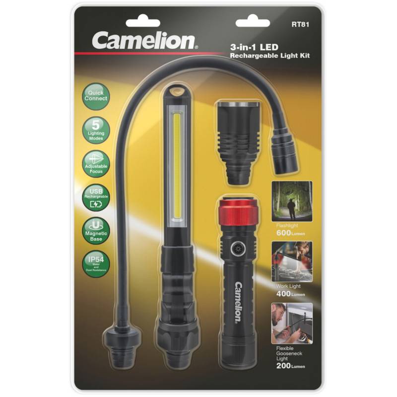 3-in-1 LED Taschenlampen Set, wiederaufladbar mit Akku und USB-Ladekabel von Camelion