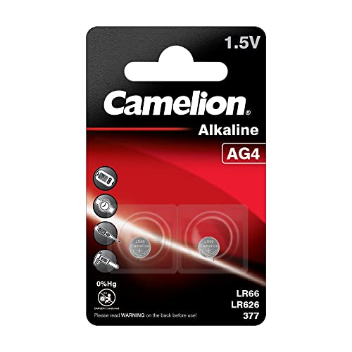 Camelion 12050204 - Alkaline Knopfzellen-Batterie ohne Quecksilber AG4/LR66/LR626/377 mit 1,5 Volt, 2er Set, Kapazität 20 mAh von Camelion