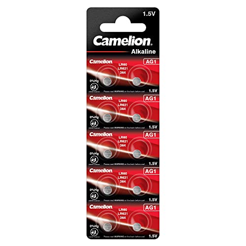 Camelion 12051001 - Alkaline Knopfzellen-Batterie ohne Quecksilber AG1/LR60/LR621/364 mit 1,5 Volt, 10er Set, Kapazität 14 mAh von Camelion