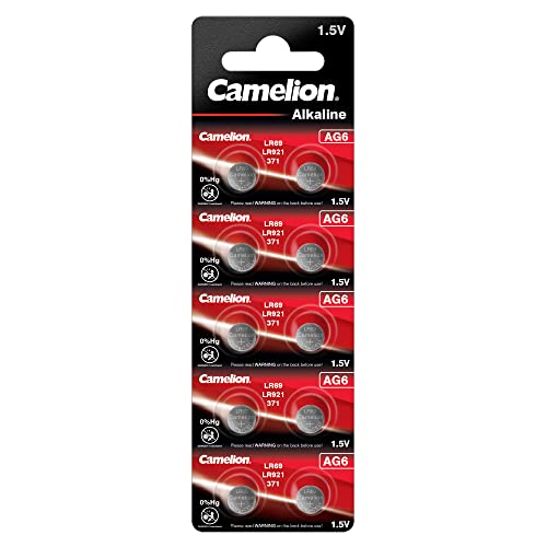 Camelion 12051006 - Alkaline Knopfzellen-Batterie ohne Quecksilber AG6/LR69/LR921/371 mit 1,5 Volt, 10er Set, Kapazität 20 mAh von Camelion