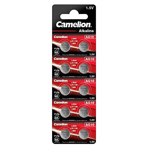 Camelion 12051010 - Alkaline Knopfzellen-Batterie ohne Quecksilber AG10/LR54/LR1130/389 mit 1,5 Volt, 10er Set, Kapazität 78 mAh von Camelion