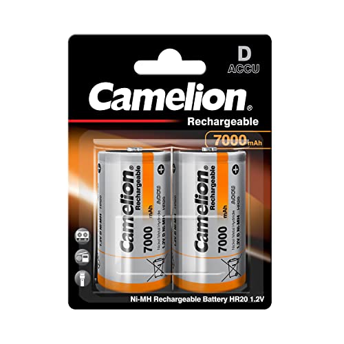 Camelion 17070220 - Akku NiMH Batterie Mono / R20 / D mit 1,2 Volt, 2 Stück, Kapazität 7000 mAh, wiederaufladbar, für verschiedenste Geräte- und Verbraucheranforderungen von Camelion