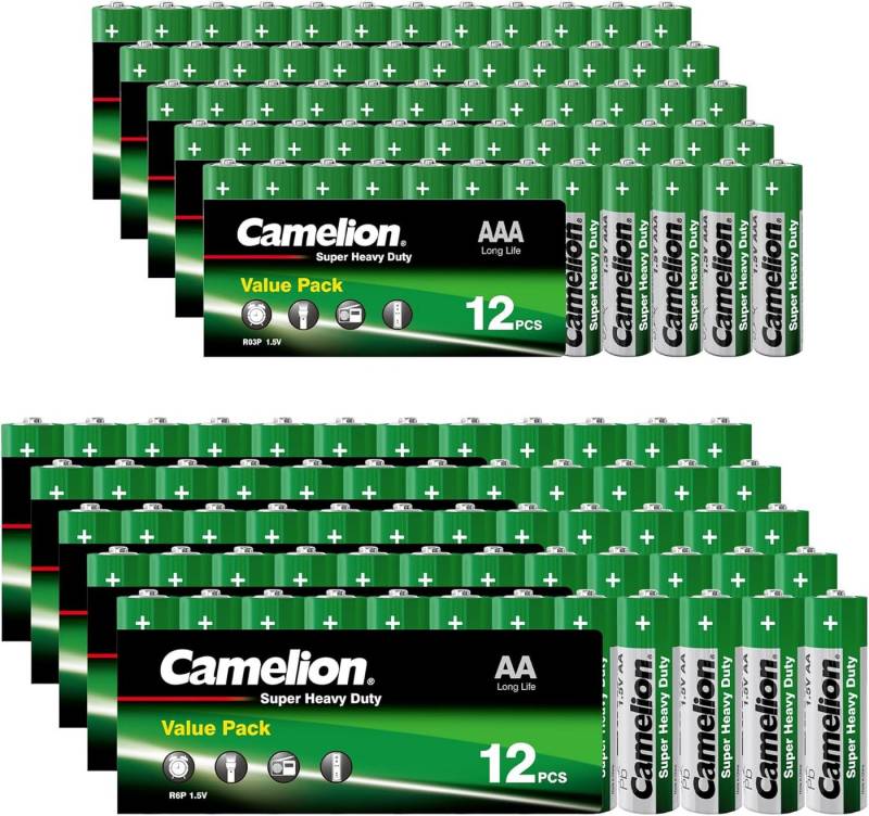 Camelion Batterien Set, 60 Stück AA + 60 Stück AAA Batterien Batterie, (120 St), 120x (60xAA+60xAAA) im Paket & 1,5V von Camelion